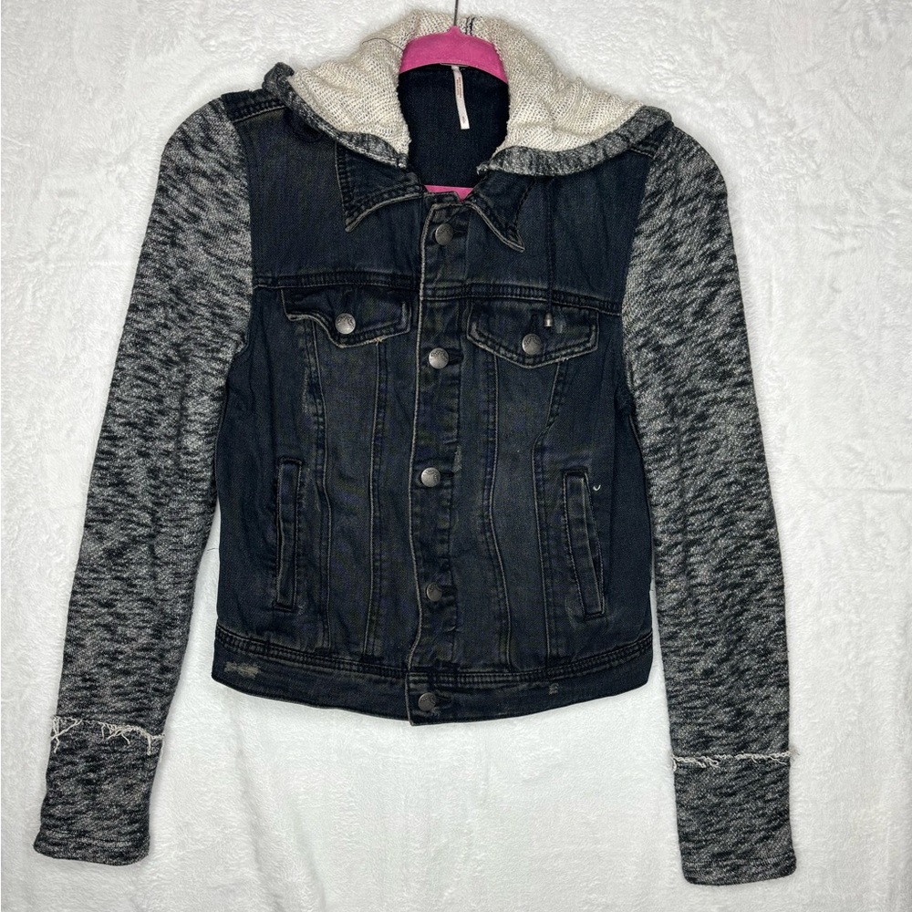 Free People Mixed Media Denim Jacket Hoodie Jean Pumice Black Boho Size S